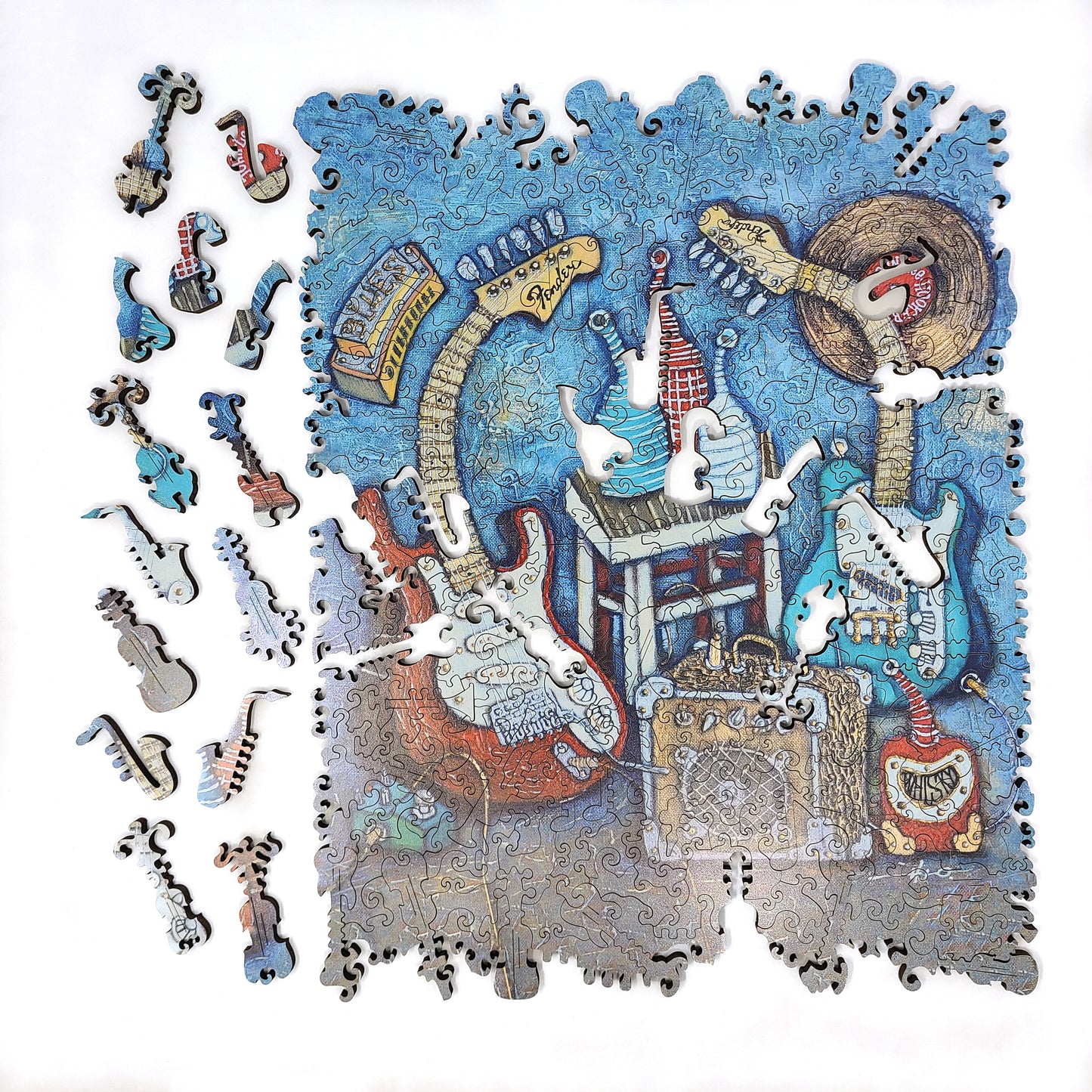 Large Format Wooden Jigsaw Puzzle with Uniquely Shaped Pieces for Seniors and Adults - 212 Pieces - Blue Bottle Blues