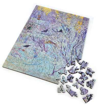 Wooden Jigsaw Puzzle with Uniquely Shaped Pieces for Adults - 190 Pieces - Corner of the House and Bullfinches on the Tree. Winter