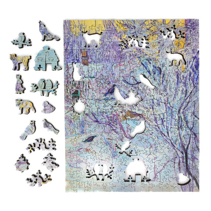 Large Format Wooden Jigsaw Puzzle with Uniquely Shaped Pieces for Seniors and Adults - 190 Pieces - Corner of the House and Bullfinches on the Tree. Winter