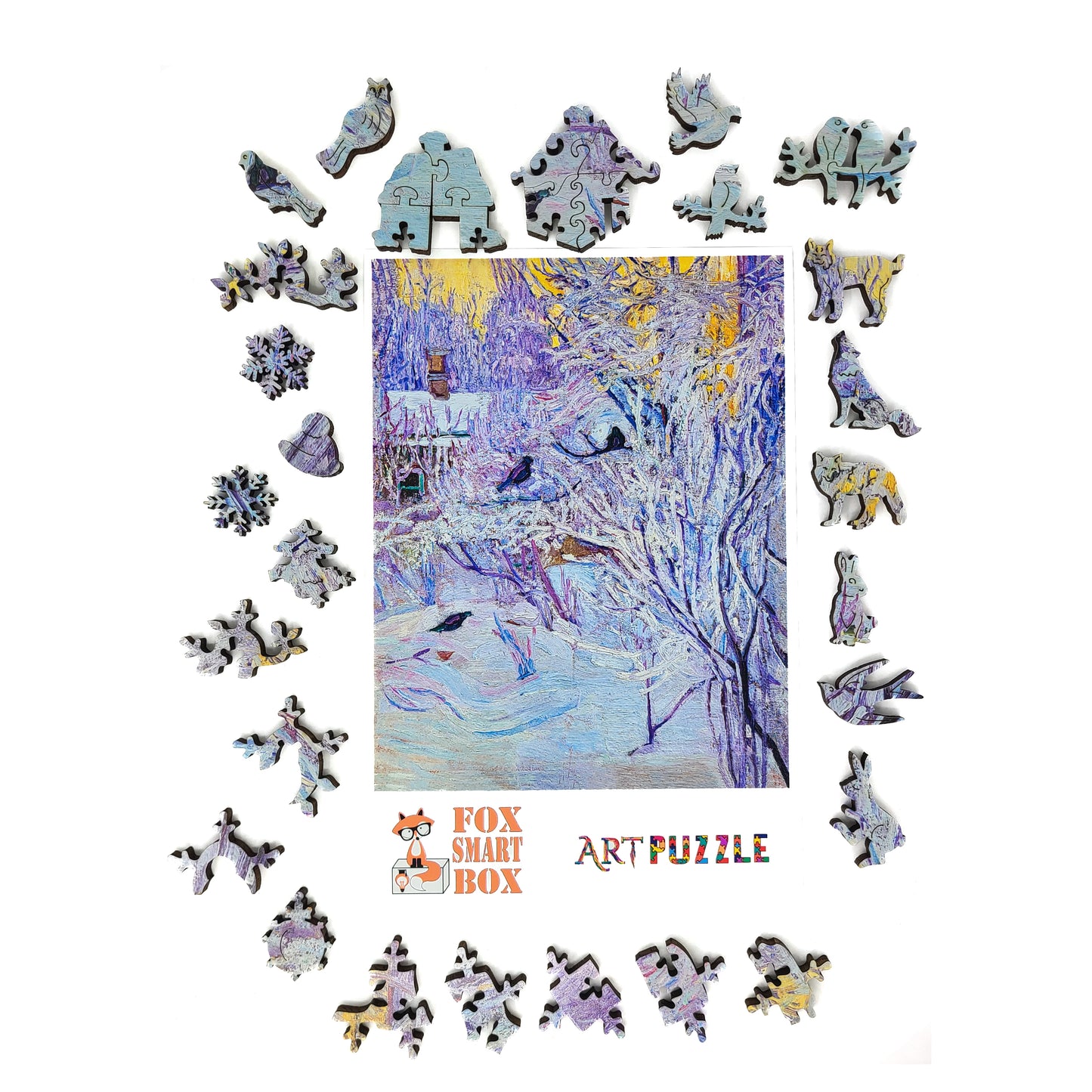 Wooden Jigsaw Puzzle with Uniquely Shaped Pieces for Adults - 190 Pieces - Corner of the House and Bullfinches on the Tree. Winter