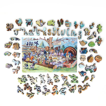 Wooden Jigsaw Puzzle with Uniquely Shaped Pieces for Adults - 373 Pieces - Thanksgiving Banquet