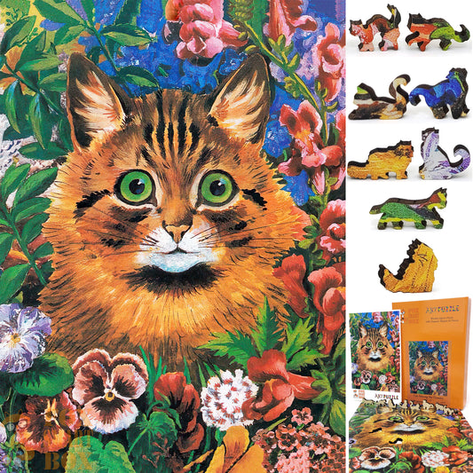Wooden Jigsaw Puzzle with Uniquely Shaped Pieces for Adults - 240 Pieces - Cat Among the Flowers