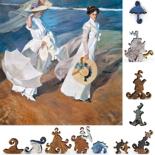 Wooden Jigsaw Puzzle with Uniquely Shaped Pieces for Adults - 190 Pieces - Strolling along the Seashore