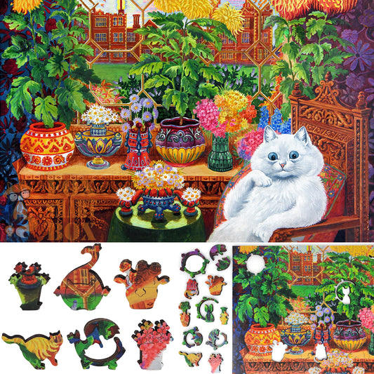 Wooden Jigsaw Puzzle with Uniquely Shaped Pieces for Adults - 275 Pieces - Cat in the Garden