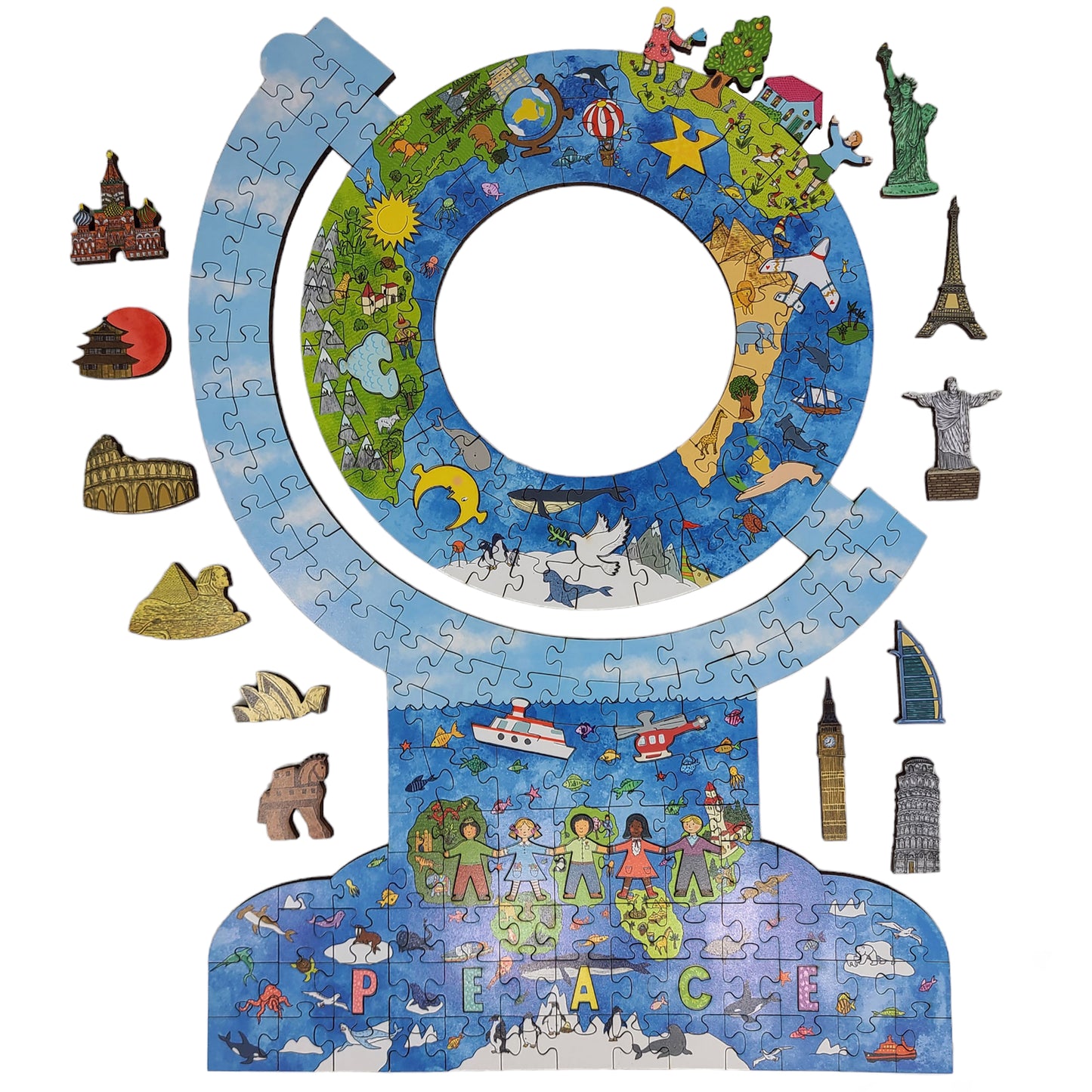 Wooden Jigsaw Puzzle for Adults - Smart Puzzle with Smart Pieces - 210 Puzzle Pieces +12 Smart Pieces - Peace on Earth