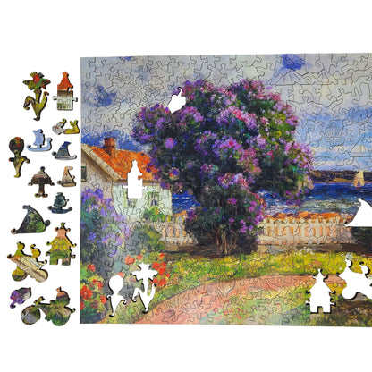 Wooden Jigsaw Puzzle for Adults - Uniquely Shaped Pieces - 434 Pieces - Coast Landscape with Blossoming Lilac Bush