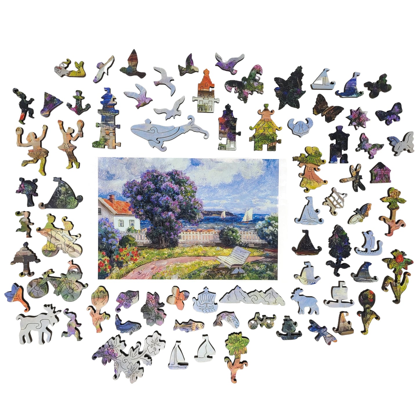 Wooden Jigsaw Puzzle for Adults - Uniquely Shaped Pieces - 434 Pieces - Coast Landscape with Blossoming Lilac Bush