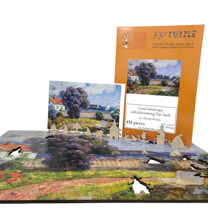 Wooden Jigsaw Puzzle for Adults - Uniquely Shaped Pieces - 434 Pieces - Coast Landscape with Blossoming Lilac Bush