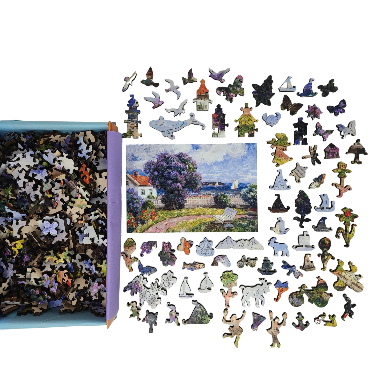 Wooden Jigsaw Puzzle for Adults - Uniquely Shaped Pieces - 434 Pieces - Coast Landscape with Blossoming Lilac Bush