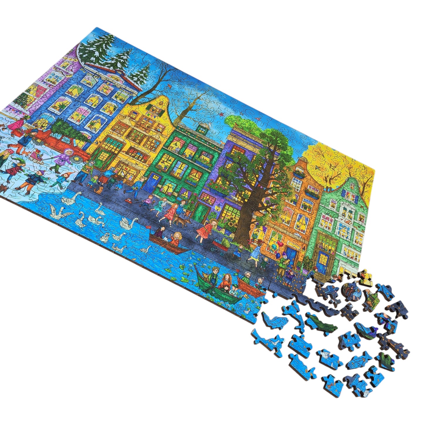 Wooden Jigsaw Puzzle for Adults - Uniquely Shaped Pieces - 460 Pieces - European Street in Four Seasons