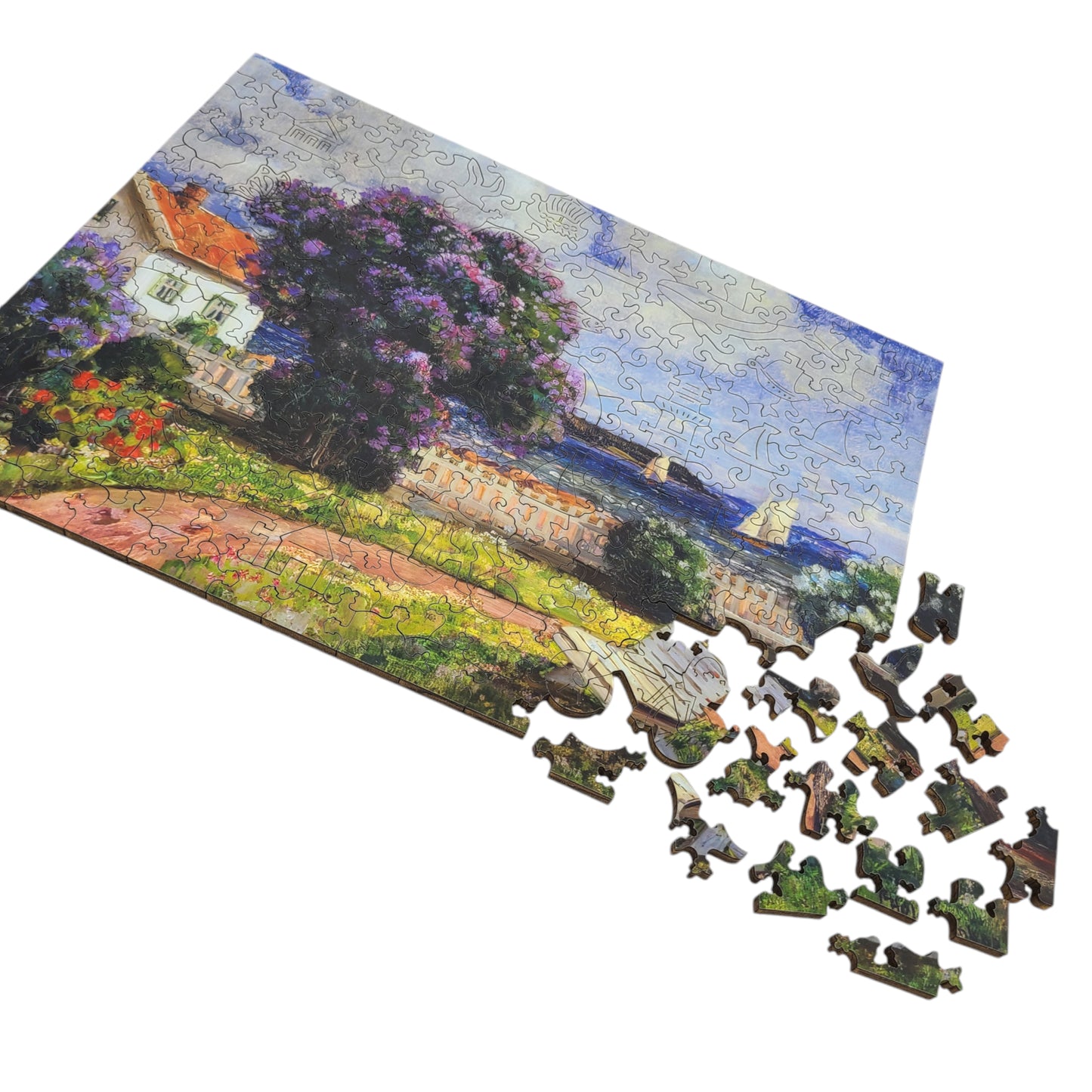 Wooden Jigsaw Puzzle for Adults - Uniquely Shaped Pieces - 215 Pieces - Coast Landscape with Blossoming Lilac Bush