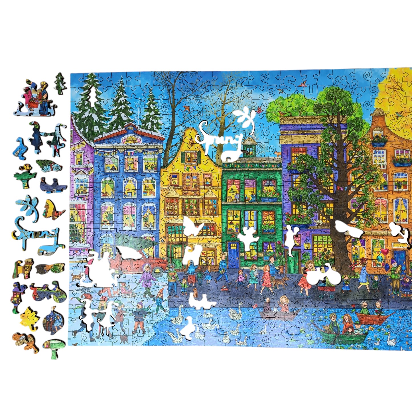 Wooden Jigsaw Puzzle for Adults - Uniquely Shaped Pieces - 460 Pieces - European Street in Four Seasons