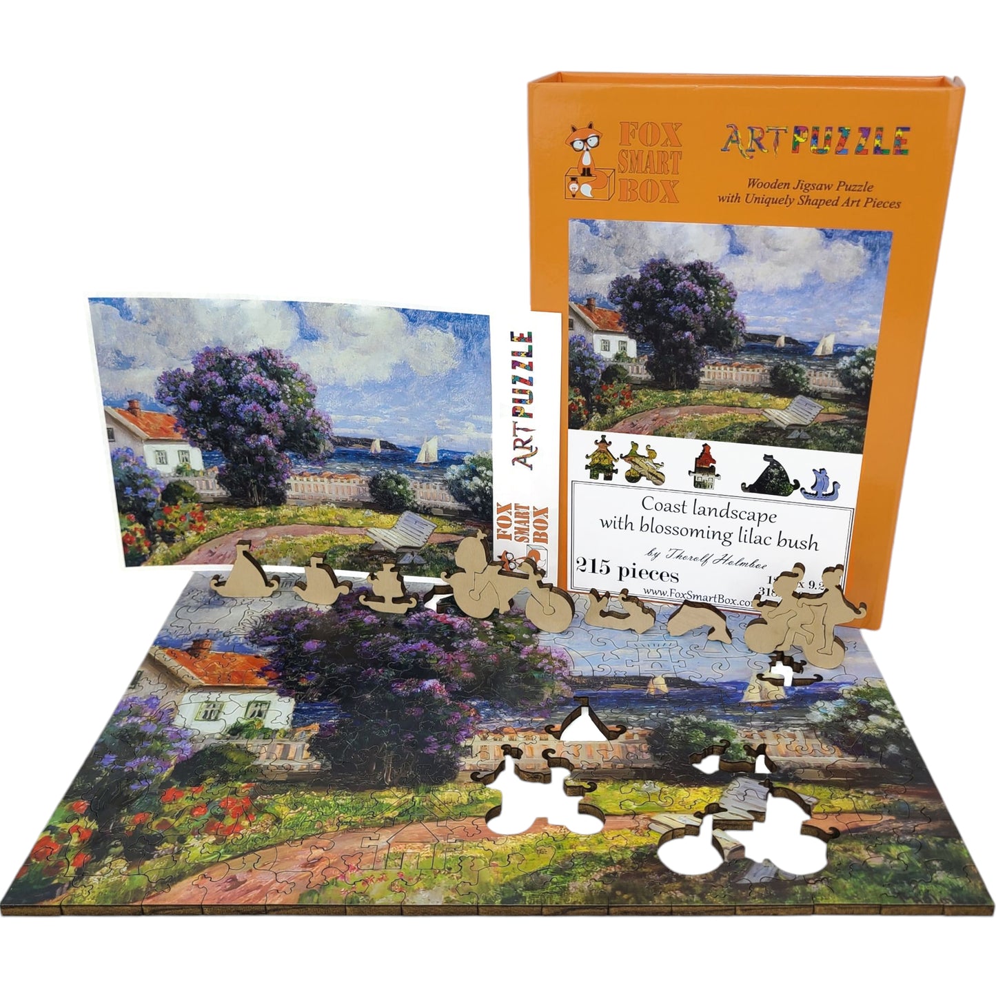 Wooden Jigsaw Puzzle for Adults - Uniquely Shaped Pieces - 215 Pieces - Coast Landscape with Blossoming Lilac Bush