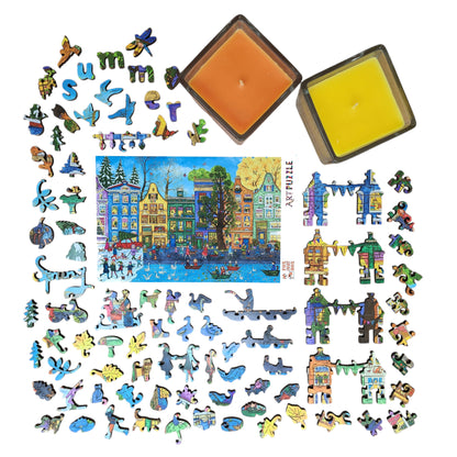 Wooden Jigsaw Puzzle for Adults - Uniquely Shaped Pieces - 460 Pieces - European Street in Four Seasons