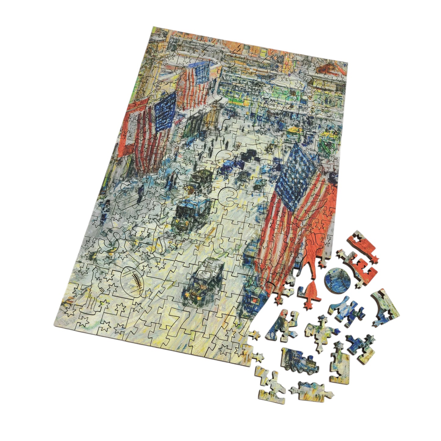 Wooden Jigsaw Puzzle for Adults - Uniquely Shaped Pieces - 215 Pieces - Flags on 57th Street, Winter