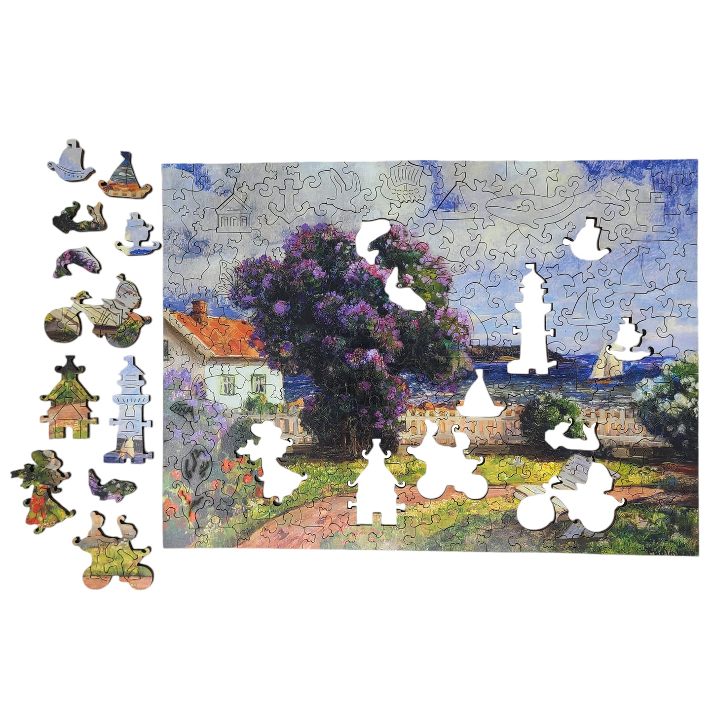 Wooden Jigsaw Puzzle for Adults - Uniquely Shaped Pieces - 215 Pieces - Coast Landscape with Blossoming Lilac Bush