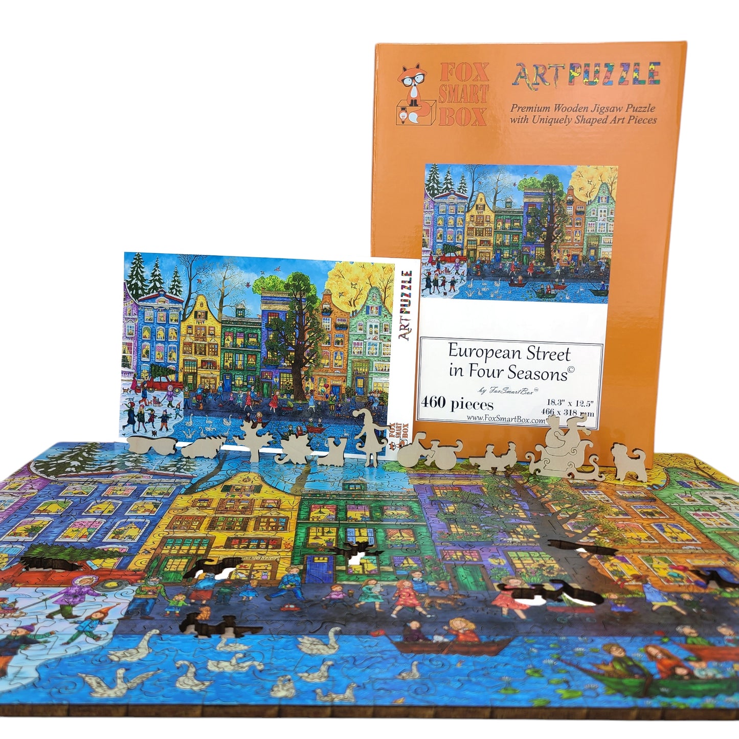 Wooden Jigsaw Puzzle for Adults - Uniquely Shaped Pieces - 460 Pieces - European Street in Four Seasons