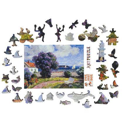 Wooden Jigsaw Puzzle for Adults - Uniquely Shaped Pieces - 215 Pieces - Coast Landscape with Blossoming Lilac Bush