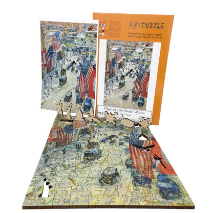 Wooden Jigsaw Puzzle for Adults - Uniquely Shaped Pieces - 215 Pieces - Flags on 57th Street, Winter