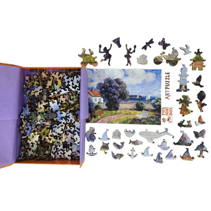 Wooden Jigsaw Puzzle for Adults - Uniquely Shaped Pieces - 215 Pieces - Coast Landscape with Blossoming Lilac Bush