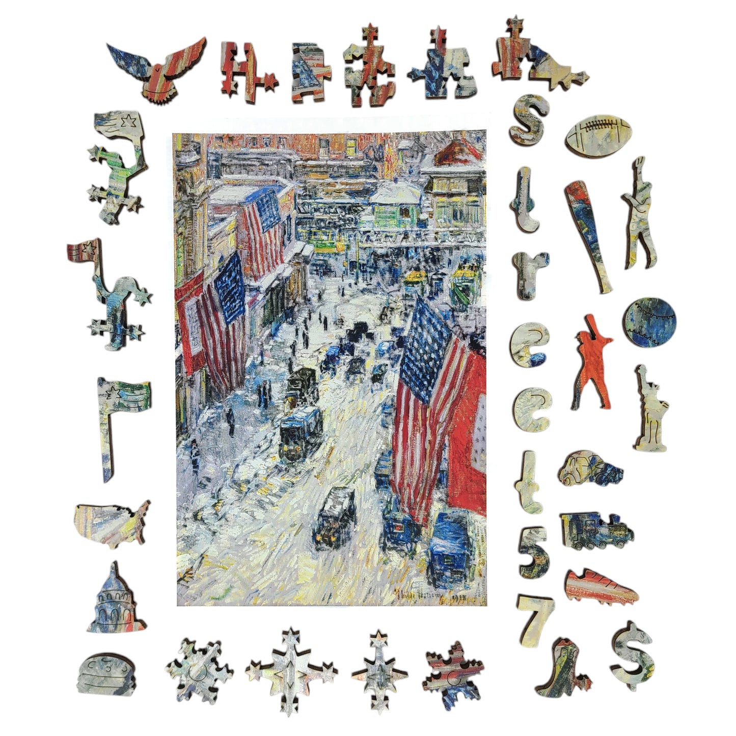 Wooden Jigsaw Puzzle for Adults - Uniquely Shaped Pieces - 215 Pieces - Flags on 57th Street, Winter