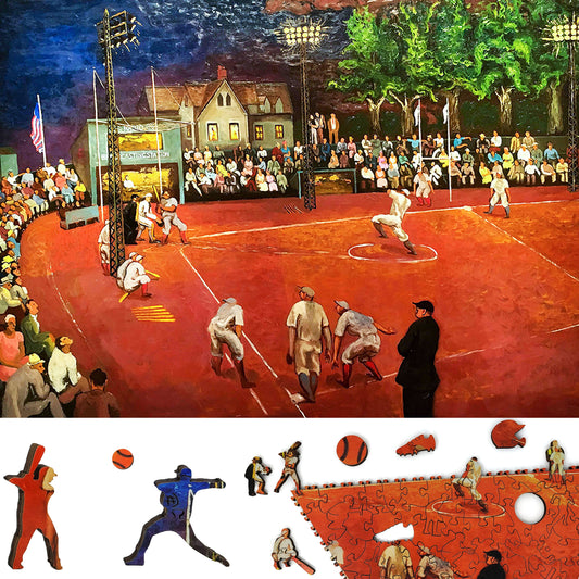 Wooden Jigsaw Puzzle with Uniquely Shaped Pieces for Adults - 300 Pieces - Baseball at Night