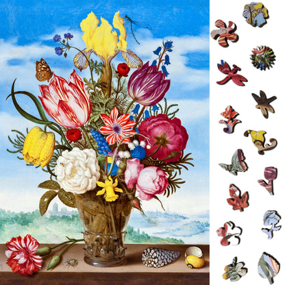 Wooden Jigsaw Puzzle for Adults - Uniquely Shaped Pieces  - 240 Pieces - Bouquet of Flowers on a Ledge