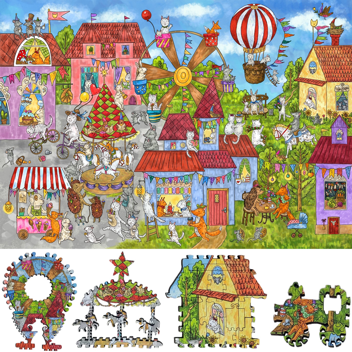 Wooden Jigsaw Puzzle for Adults - Uniquely Shaped Pieces  - 425 Pieces - Busy Town