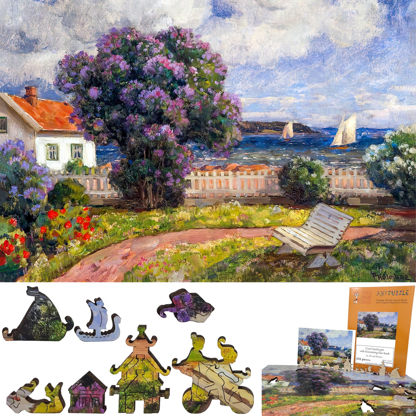 Wooden Jigsaw Puzzle for Adults - Uniquely Shaped Pieces - 434 Pieces - Coast Landscape with Blossoming Lilac Bush