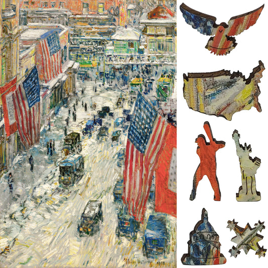 Wooden Jigsaw Puzzle for Adults - Uniquely Shaped Pieces - 215 Pieces - Flags on 57th Street, Winter