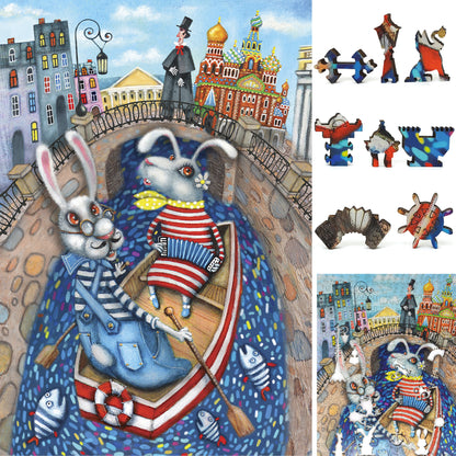 Wooden Jigsaw Puzzle with Uniquely Shaped Pieces for Adults - 405 Pieces - Lovers on the River