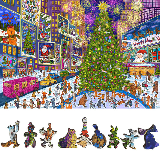 Wooden Jigsaw Puzzle for Adults - Uniquely Shaped Pieces - 465 Pieces - New York Holiday Lights