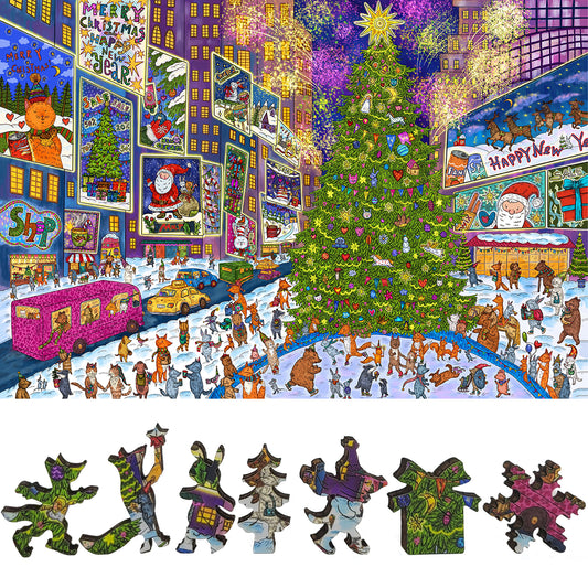 Wooden Jigsaw Puzzle for Adults - Uniquely Shaped Pieces - 220 Pieces - New York Holiday Lights