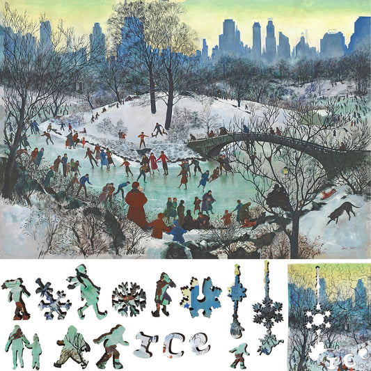 Wooden Jigsaw Puzzle with Uniquely Shaped Pieces for Adults - 370 Pieces - Skating in Central Park